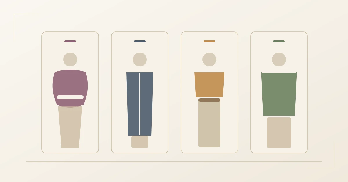 Vier Linienschemata nebeneinander: weiche, gerade, kurze und kantige Körperlinie mit der jeweils passenden Jackenform und Hosensilhouette für den Après-Ski-Look