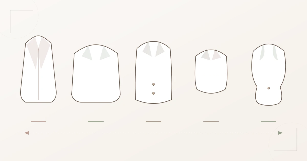 Illustration: five blazer silhouettes for the five Kibbe style families, from sharp Yang (Dramatic) to soft Yin (Romantic)