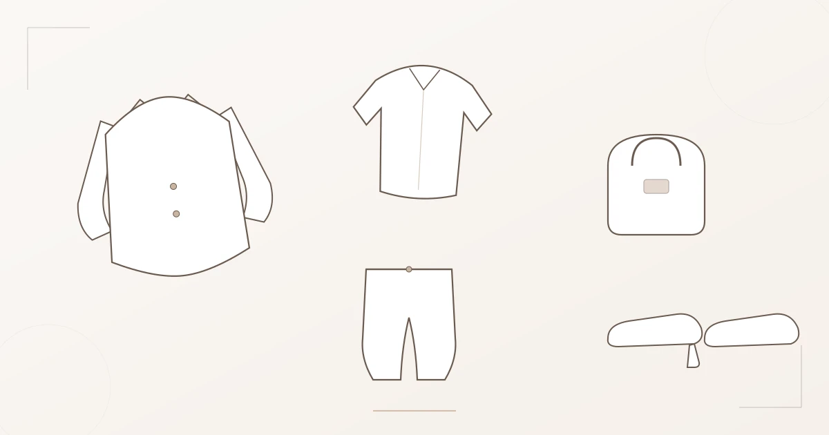 Illustration: flat lay of a business capsule wardrobe with blazer, blouse, trousers, bag, and shoes