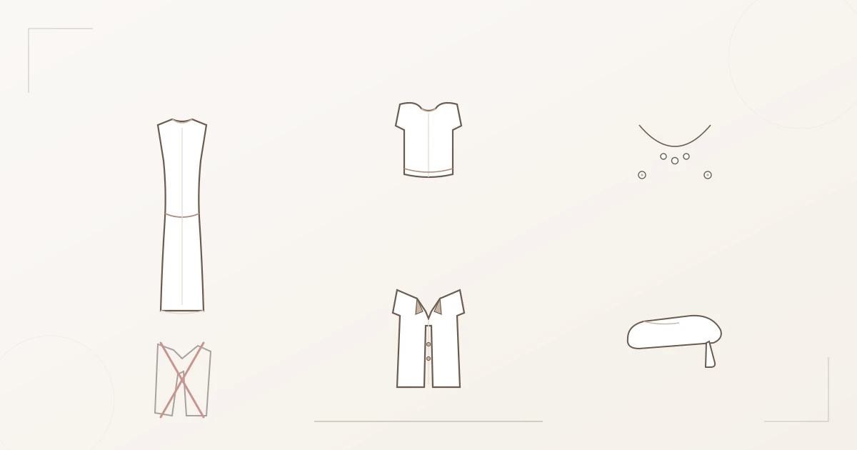 Illustration der Classic-Kernteile: tailliertes Etuikleid, klare Bluse mit Rundausschnitt, sauber geschnittener Blazer mit moderatem Revers, feine Perlenkette, eleganter Pump — daneben eine durchgestrichene asymmetrische dekonstruierte Jacke