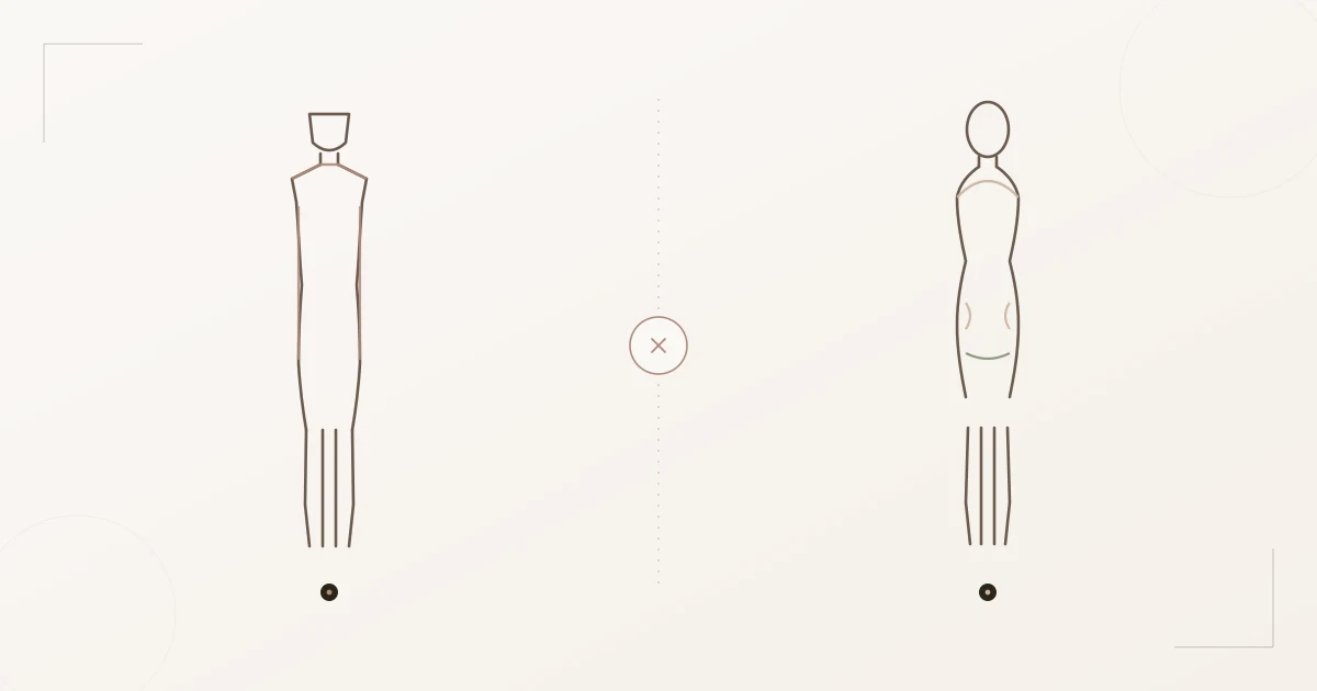 Vergleich Dramatic Classic und Soft Classic als Liniendiagramm: links die definierten, eckigen Schultern und geraden Linien des Dramatic Classic, rechts die runderen Schultern und sanfte Kurve des Soft Classic