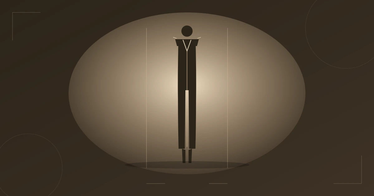 Illustration: long Dramatic coat silhouette in warm light between vertical lines of light — the commanding version of the Yang line
