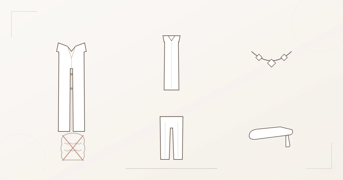 Illustration of the Dramatic core pieces: long sharply cut coat, column dress, straight trousers with a pressed crease, geometric statement necklace, pointed-toe pumps — next to them, a crossed-out ruffled blouse