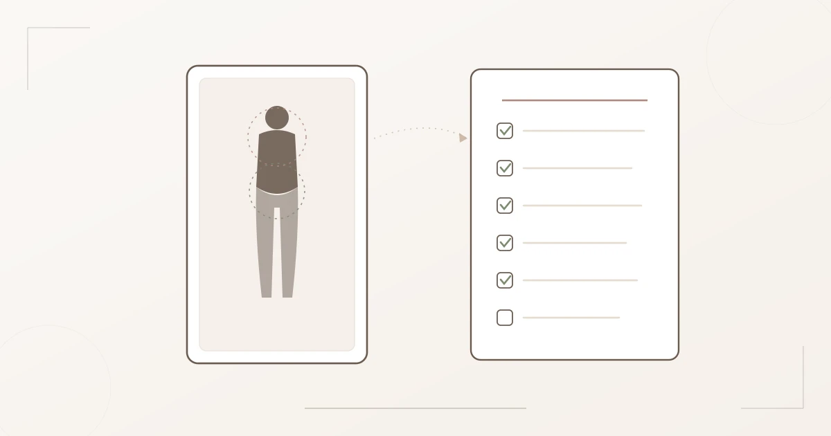 Illustration: Fitting room mirror with marked shoulder and waist zones next to a checklist with checked-off items