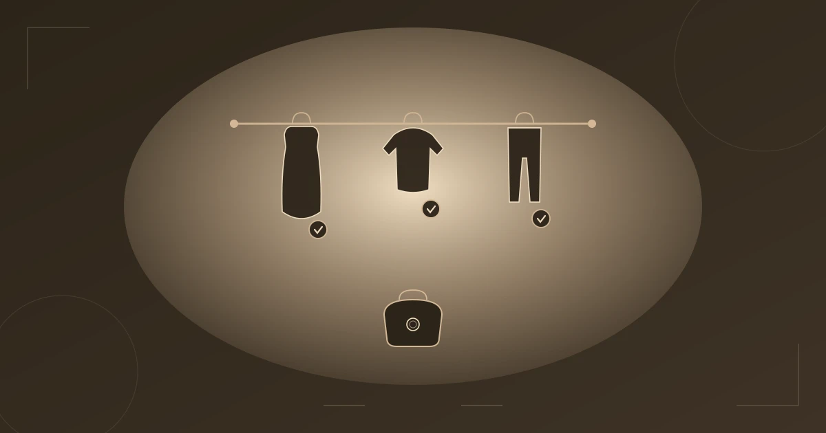 Illustration: Clothing rack in warm light where every piece carries a check mark, with a wallet of saved money below