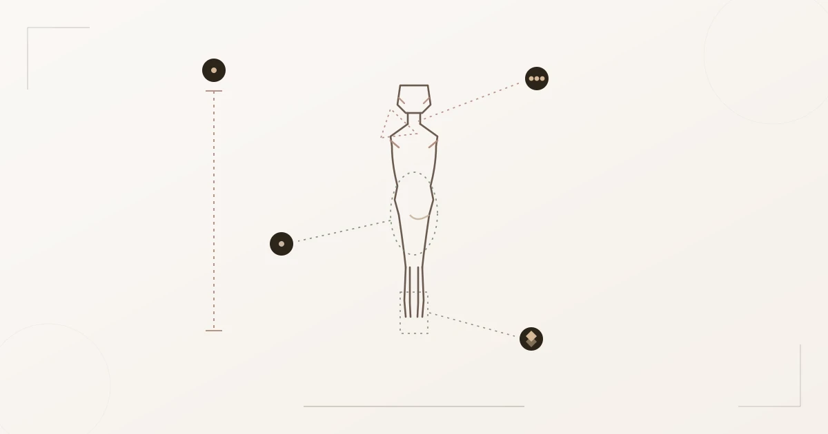 Diagramm der Flamboyant-Gamine-Linienanatomie: kurze Vertikale, scharfe kantige Schultern beidseitig, dominant drahtige und schmale Silhouette mit kleinem weichem Akzent, kompakte kantige Gliedmaßen