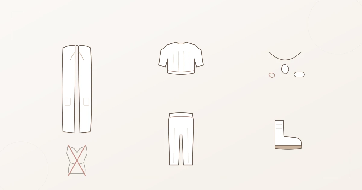 Illustration der Flamboyant-Natural-Kernteile: langer unkonstruierter Mantel, Oversized-Strickpullover, weite lange Hose, große organische Kette, flacher robuster Stiefel — daneben eine durchgestrichene kleine taillierte Jacke