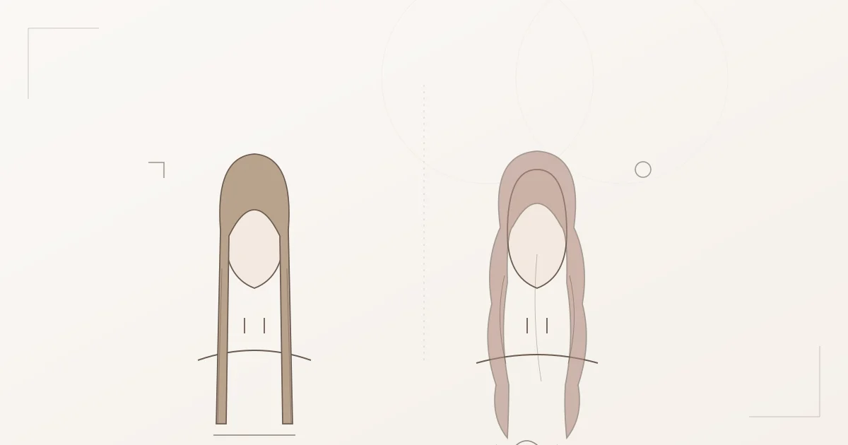 Vergleich zweier Kibbe-Haarlinien: links eine scharfe, gerade, glatte Yang-Linie mit Blunt-Hemline, rechts eine weiche, voluminöse Yin-Linie mit runden Wellen