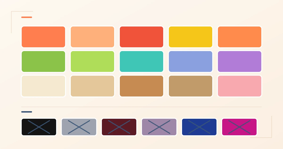 Frühlingstyp Farbpalette: 15 warme, klare, helle Farben (Koralle, Pfirsich, warmes Rot, Goldgelb, Apfelgrün, warmes Türkis, Periwinkle, warmes Violett, Creme, Camel, warmes Rosa) als Ja-Farben; darunter durchgestrichene kühle, dunkle und gedämpfte Farben (Schwarz, kühles Grau, Bordeaux, staubiges Mauve, kühles Blau, kühles Pink)