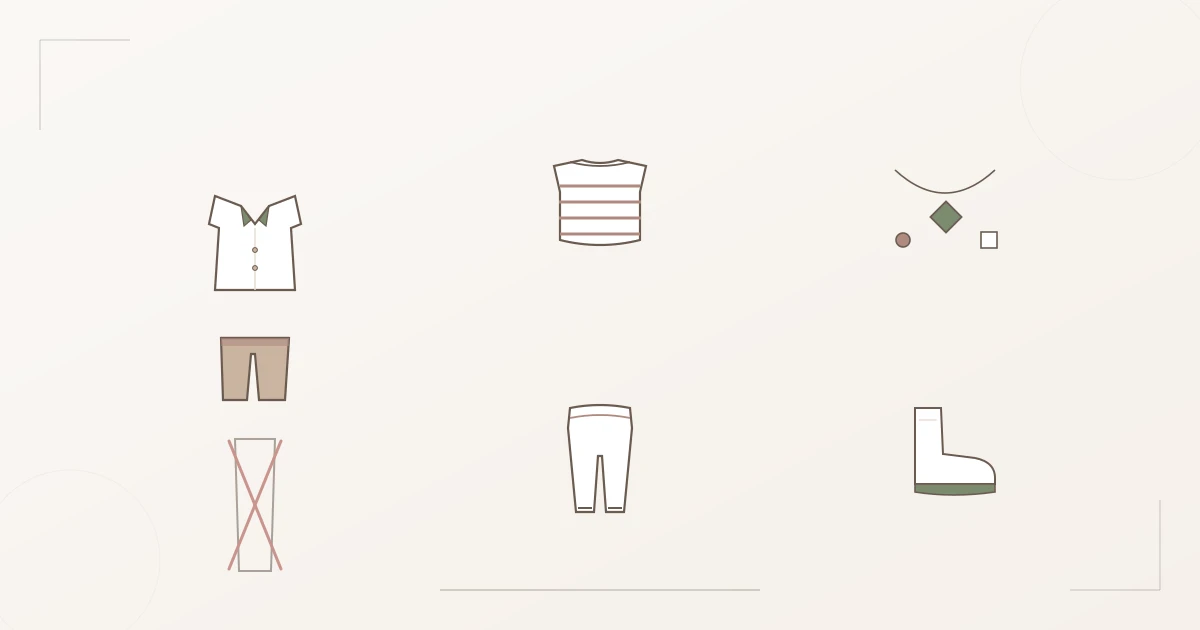 Illustration of the Gamine core pieces: a short contrast jacket, high-rise contrast shorts, a striped boat-neck top, cropped cigarette pants, small graphic jewelry, an ankle boot — next to them, a crossed-out long unbroken column