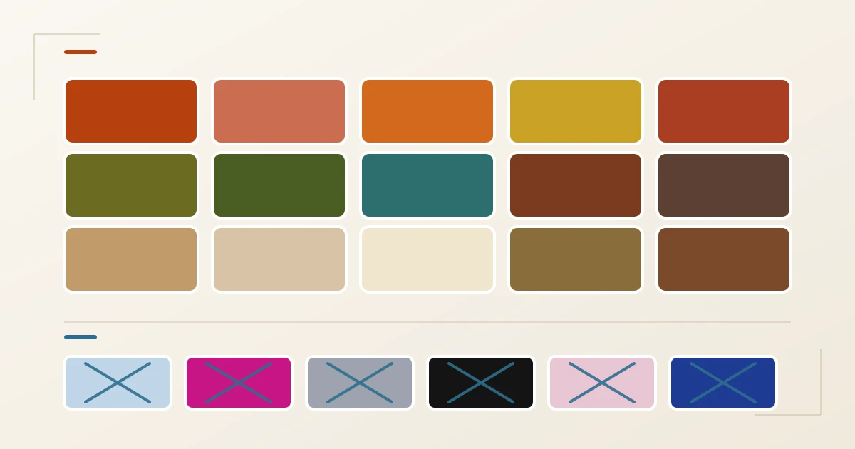 Herbsttyp Farbpalette: 15 warme, erdige Farben (Rost, Terrakotta, Kürbisorange, Senfgold, Oliv, Waldgrün, warmes Teal, Schokobraun, Camel, Creme, Bronze) als Ja-Farben; darunter durchgestrichene kühle Farben (Eisblau, Fuchsia, kühles Grau, Schwarz, kühles Rosa, Royalblau) als Nein-Farben