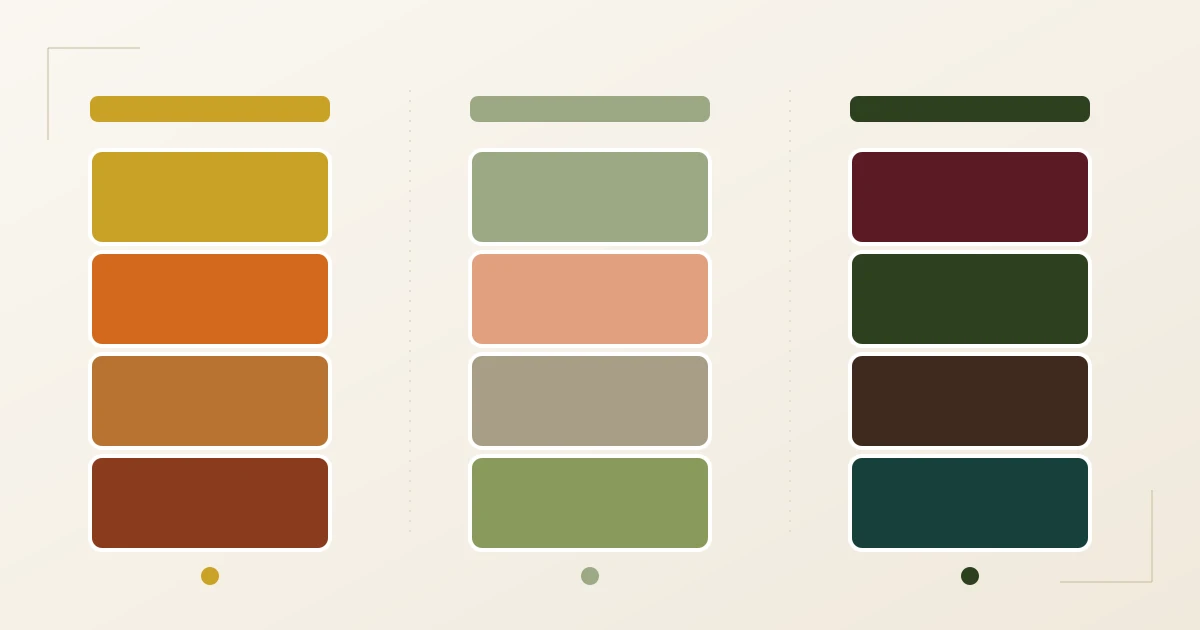Die drei Herbsttyp-Subtypen im Palettenvergleich: links Warmer Herbst (Senfgold, Goldorange, Kupfer, Rotbraun), Mitte Softer Herbst (Salbeigrün, Lachs, Taupe, gedämpftes Grün), rechts Dunkler Herbst (Dunkelgrün, Weinrot, Schokobraun, tiefes Teal)