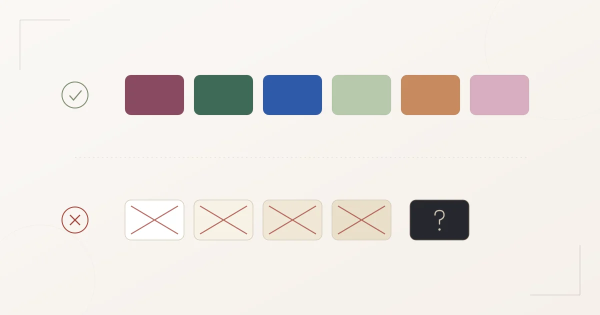 Farbwahl für Hochzeitsgäste: eine Reihe festlicher Farben wie Beere, Waldgrün, Königsblau, Salbei, Terrakotta und Altrosa als erlaubt, darunter Weiß, Ivory und Creme als tabu durchgestrichen