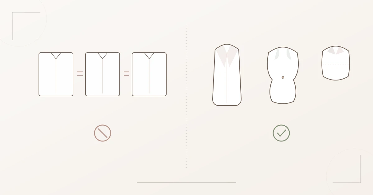 Illustration: three identical boxy blazers from a standard list compared with three different blazer silhouettes for different body lines
