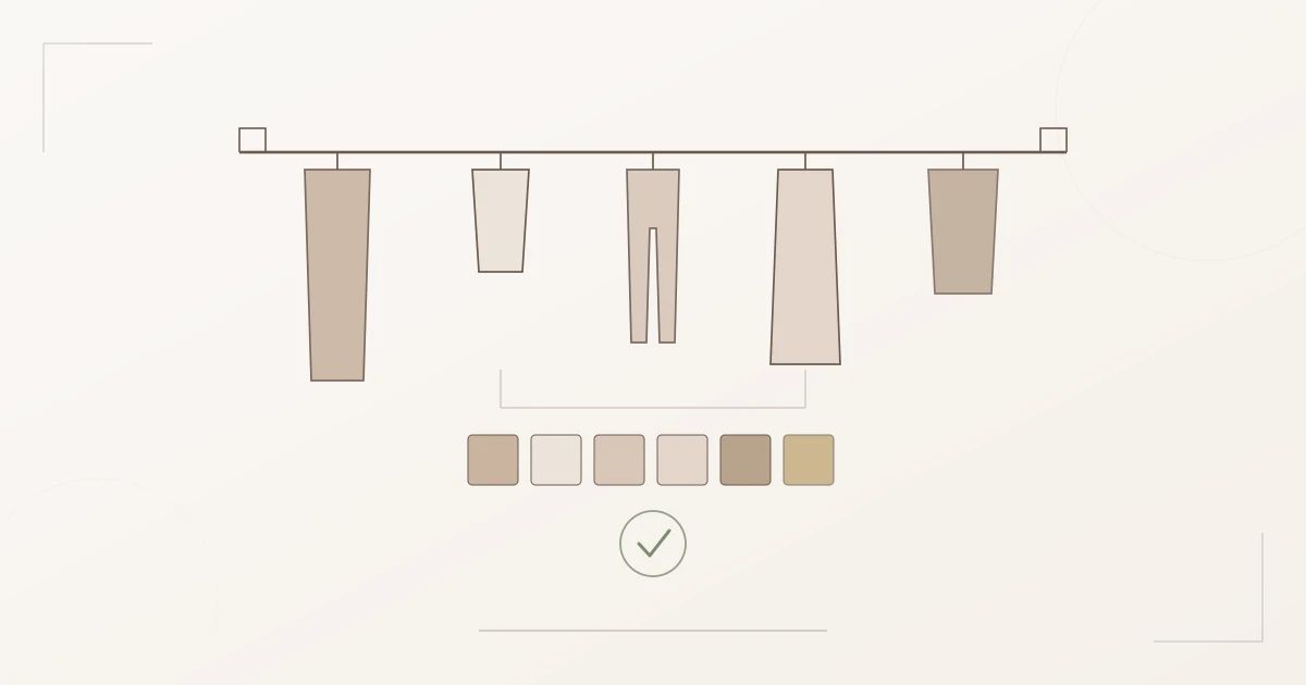 Fünf sorgfältig ausgewählte, aufeinander abgestimmte Kleidungsstücke an einer Stange über einer gemeinsamen Farbpalette