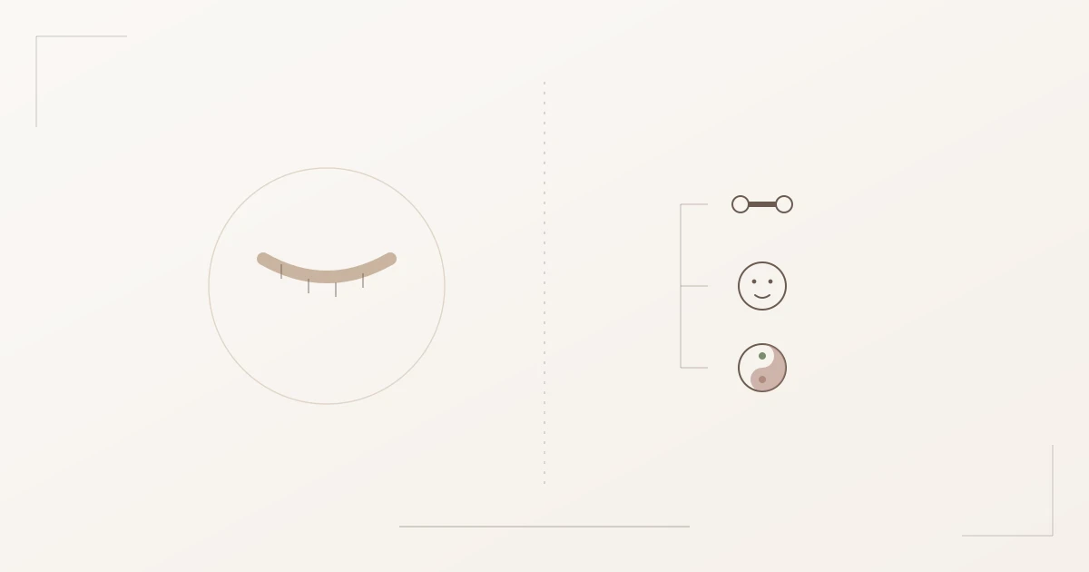 Illustration: Waage, die auf der einen Seite Körperformtyp (Maßband) und auf der anderen Seite Kibbe (Knochenstruktur, Gesicht, Yin-Yang) gegenüberstellt
