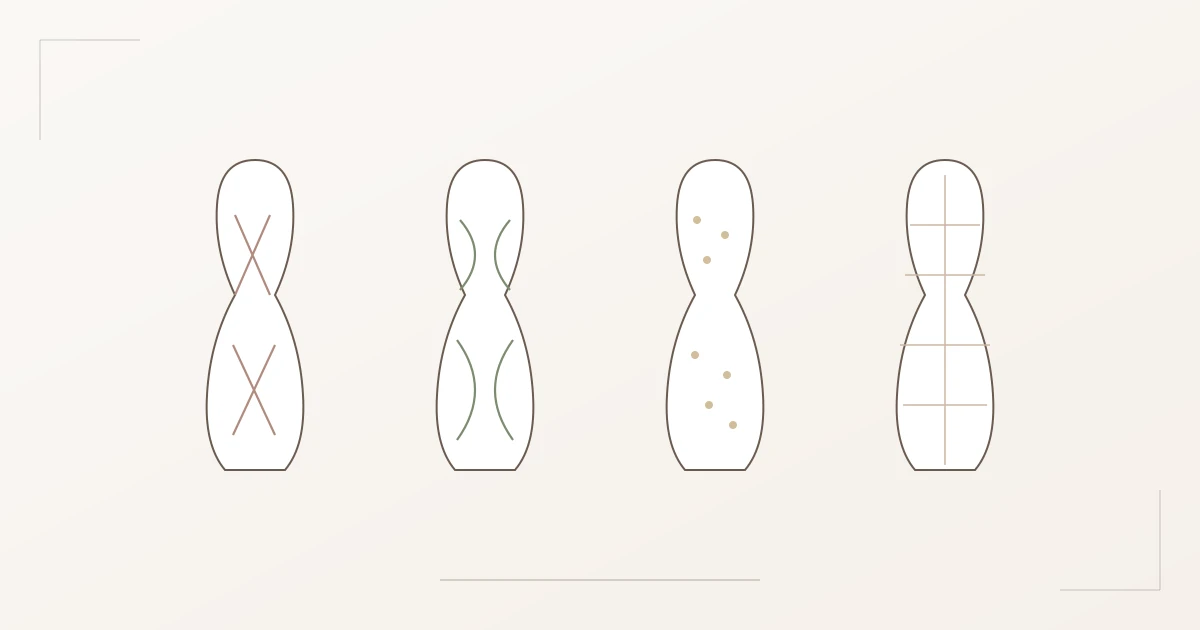 Illustration: Vier identische Sanduhr-Silhouetten mit unterschiedlicher Knochenstruktur und Linienenergie, die trotzdem denselben Körperformtyp ergeben