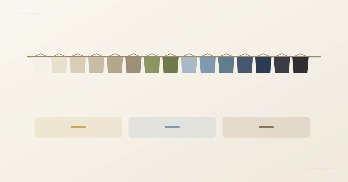 Eine Kleiderstange mit nach Helligkeit sortierten Teilen: von gebrochenem Weiß über Beige und Taupe bis zu Marineblau und Anthrazit, dahinter die drei Zonen angedeutet