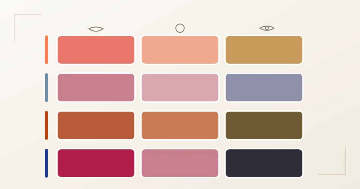 Make-up je Farbtyp im Überblick: vier Zeilen für Frühling, Sommer, Herbst und Winter mit je einem Lippen-, Rouge- und Augenton — warme Korall- und Pfirsichtöne für Frühling, kühles Rosé und Taupe für Sommer, Terrakotta und Oliv für Herbst, Beere und Anthrazit für Winter