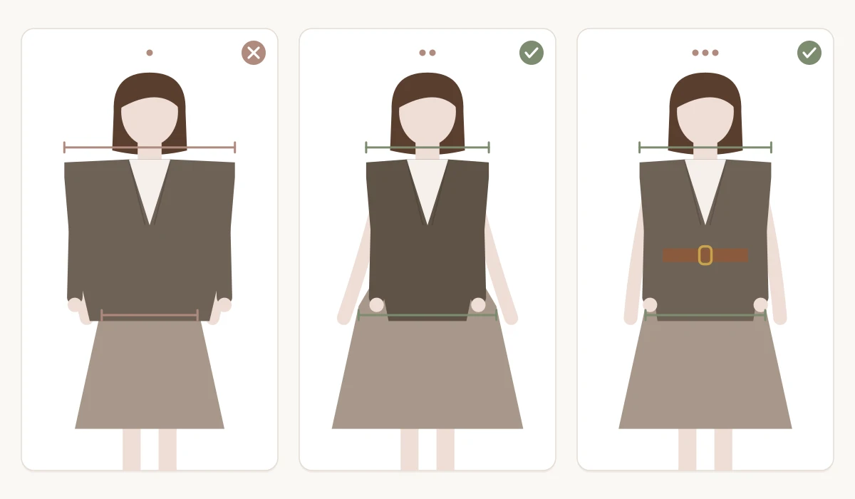 Three women in structured blazers with measuring bars at shoulder and hip: on the left broad shoulders with a large shoulder pad as a miss, in the middle narrow shoulders with a clear shoulder line balancing wider hips as a hit, on the right a straight figure with a light shoulder and a waist belt as a hit