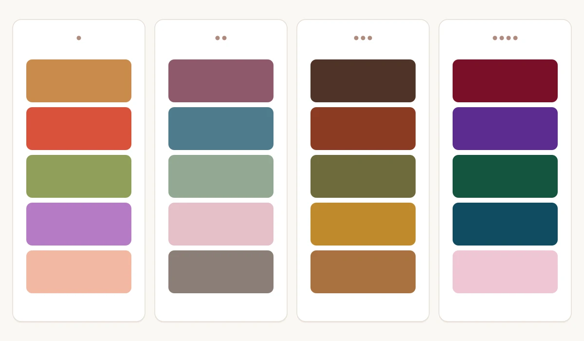 Four colour cards side by side with five colour fields each: spring type with warm caramel, clear red, light olive green, clear violet and warm rosé, summer type with muted berry, petrol, sage green, cool rosé and taupe, autumn type with chocolate brown, rust red, olive green, mustard and toffee, winter type with burgundy, clear violet, pine green, petrol blue and ice pink