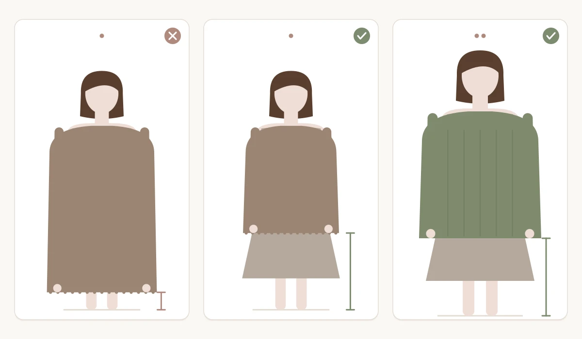 Three women in wide coats with a ground line and a measuring bar for the visible leg: on the left a petite woman in a very long faux fur coat that hides almost all of her legs as a miss, in the middle the same woman in a shorter coat with a visible leg as a hit, on the right a tall woman in an XXL knitted coat with a visible leg as a hit