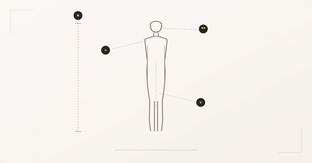 Diagramm der Natural-Linienanatomie: moderate bis große Höhe, breite blunte Schultern, entspannte gerade vertikale Linien, angedeutete Taille — Yang-dominant mit stumpfer statt scharfer Kante
