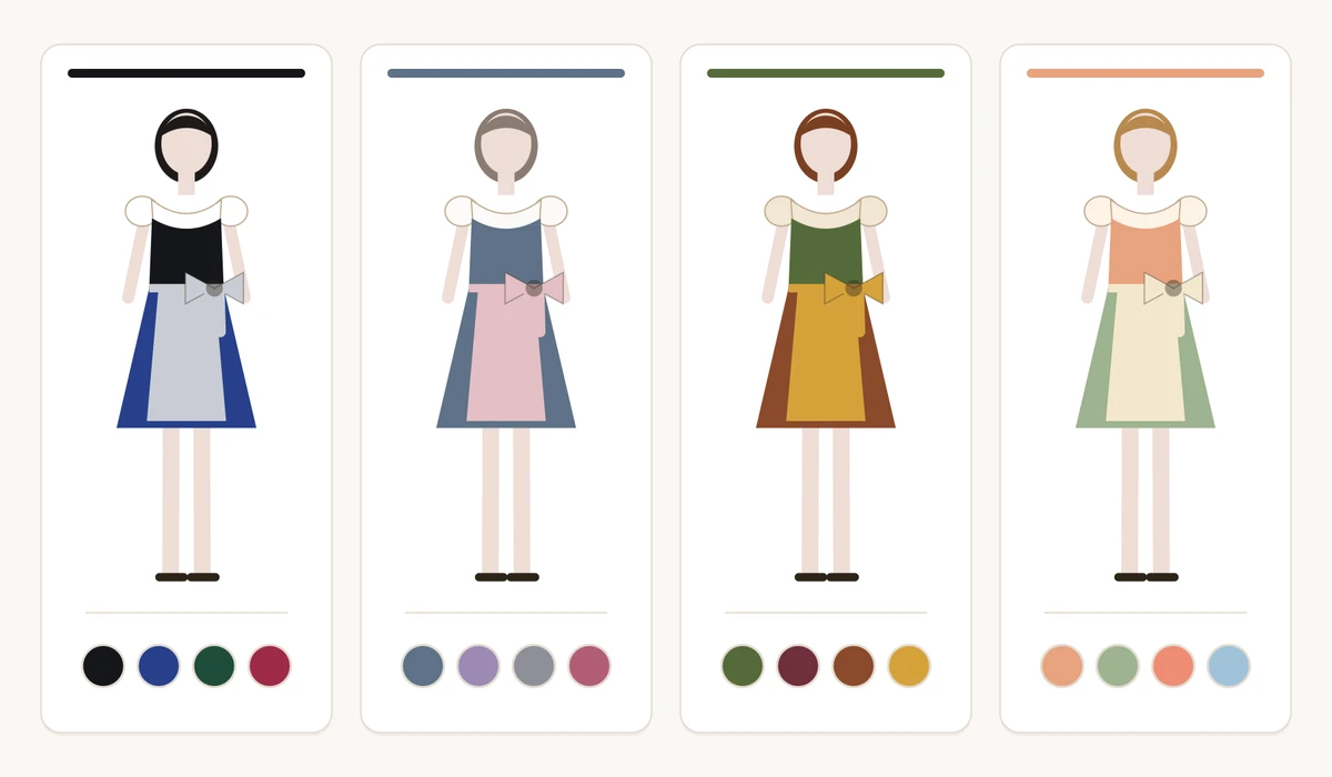 Four dirndls in the colour palettes of the colour seasons: Winter type in black and royal blue with a silver-grey apron, Summer type in smoky blue with a rosé apron, Autumn type in moss green and rust with a mustard apron, Spring type in apricot and sage green with a cream apron
