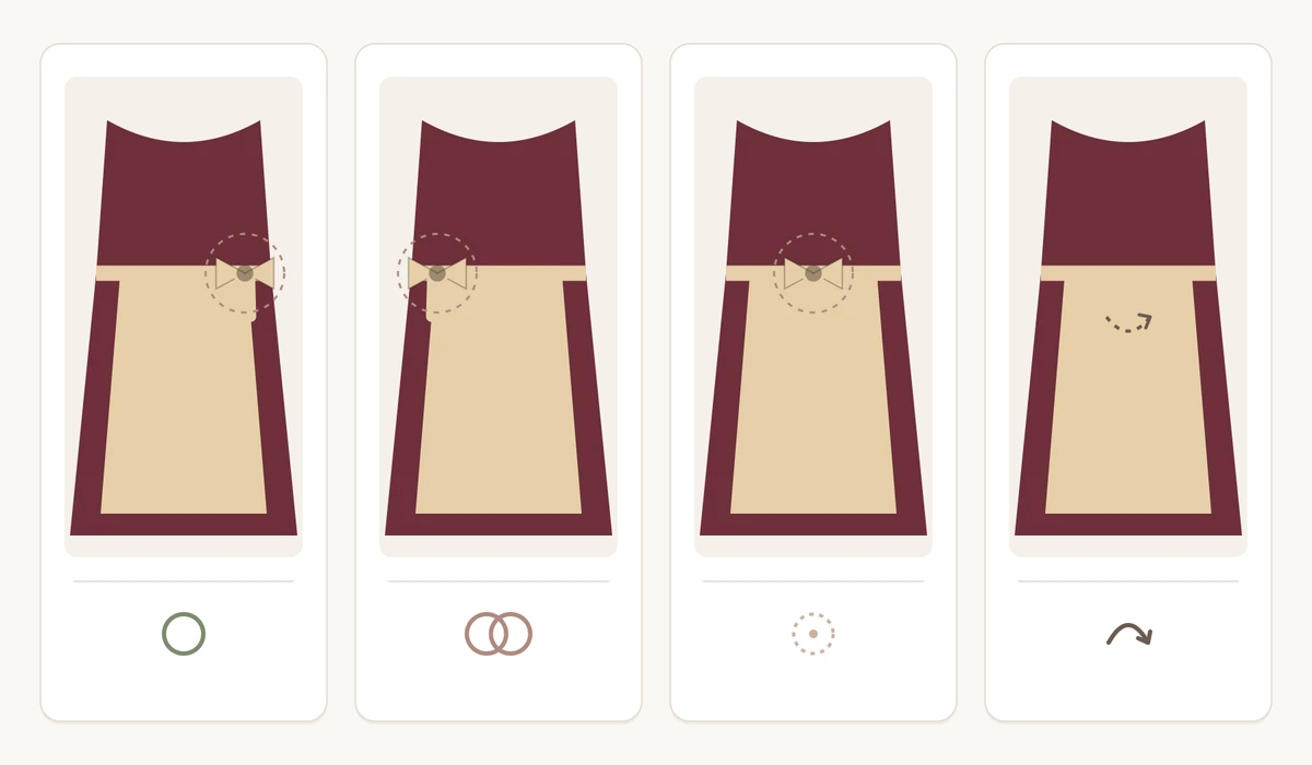 Four aprons seen from the front with different bow positions: on the wearer's left side, on the wearer's right side, front centre and at the back, each with a simple symbol for single, taken, neutral and tradition