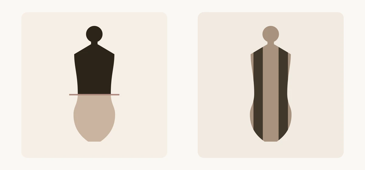 Zwei Silhouetten im Vergleich: links eine Figur, die durch einen harten Hell-Dunkel-Wechsel auf Taillenhöhe waagerecht geteilt wird, rechts dieselbe Figur in einem durchgehenden Ton mit zwei senkrechten dunklen Bahnen einer langen offenen Lage
