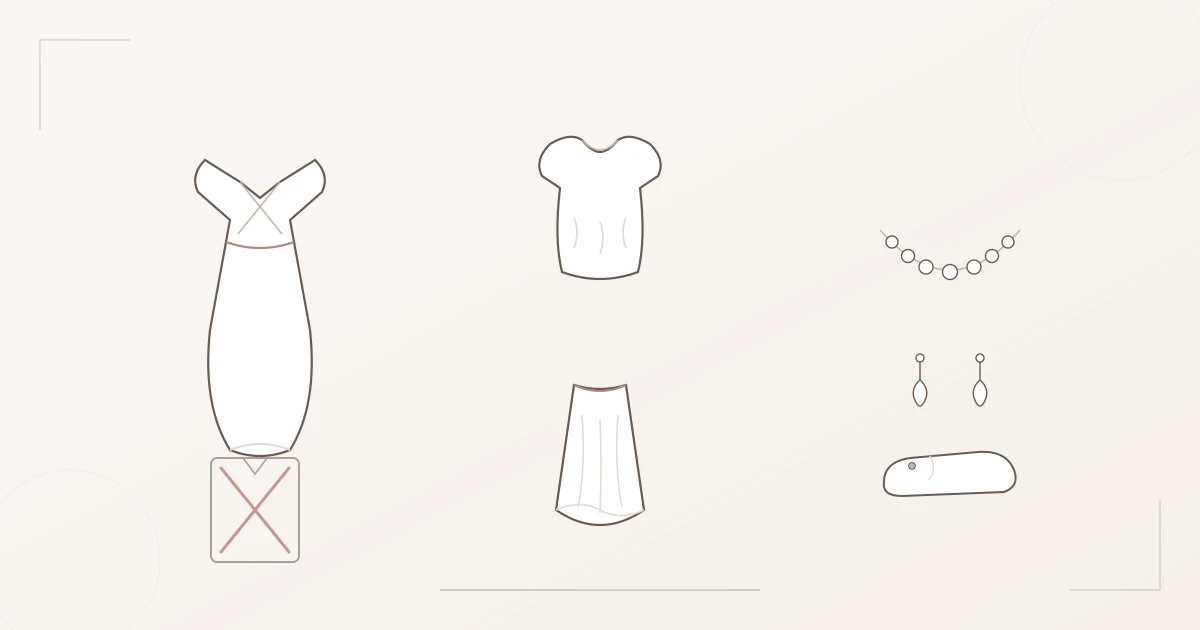 Illustration of the Romantic core pieces: wrap dress, draped blouse, flared midi skirt, pearl necklace and delicate earrings — beside them a crossed-out boxy blazer