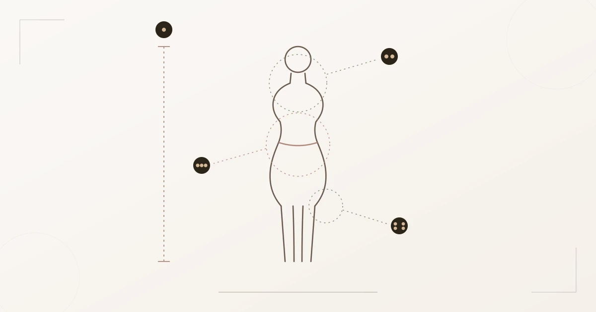 Diagram of Romantic line anatomy: short vertical line, softly sloping shoulders, pronounced hourglass with a defined waist, delicate joints