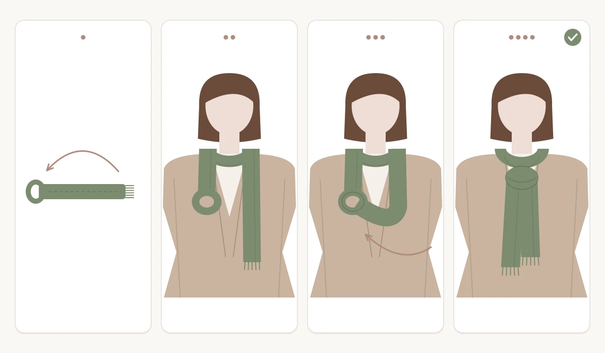 Tying a Parisian knot in four steps: green scarf folded in half lengthwise, then placed around the neck with the loop on one side, then the open ends pulled through the loop, finally the finished knot at the collarbone