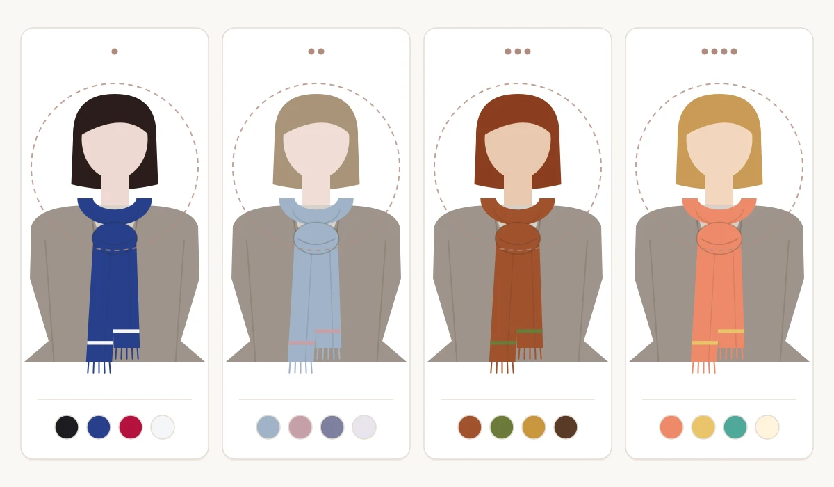 Four women in the same grey-brown coat with scarves in the colours of the four colour seasons: royal blue with a white stripe for Winter, dove blue with dusty rose for Summer, rust with olive for Autumn, coral with golden yellow for Spring, each with four palette colours below