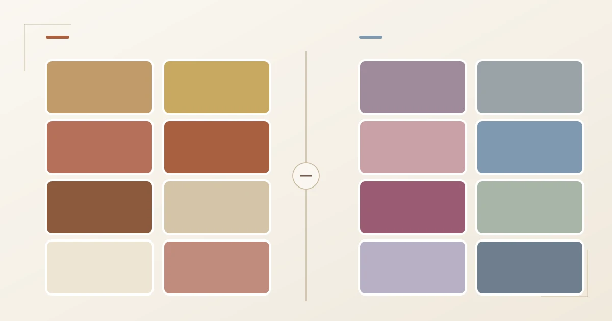 Palette comparison: on the left eight warm, muted Soft Autumn shades in camel, mustard gold, rust, mahogany, beige, cream and dusty rose — on the right eight cool, muted Soft Summer shades in mauve, dove grey, cool dusty rose, smoky blue, cool berry and cool sage