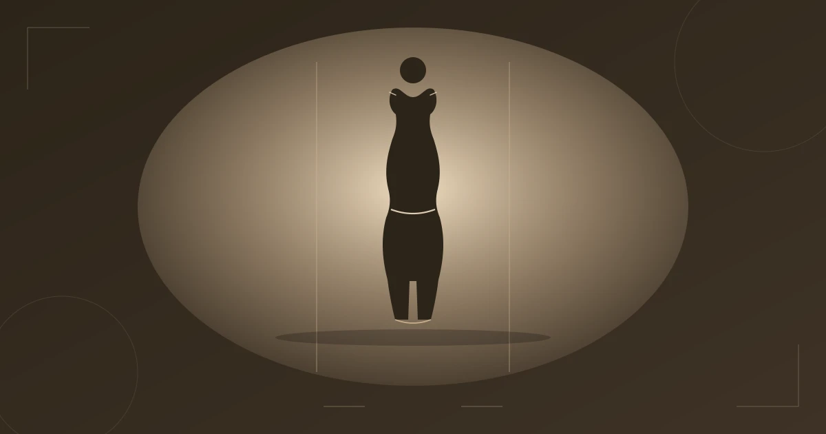 Illustration: Lange, geschwungene Soft-Dramatic-Silhouette im warmen Licht zwischen vertikalen Lichtlinien — Opulenz und Länge vereint