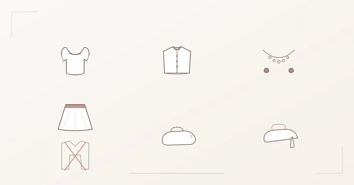 Illustration der Soft-Gamine-Kernteile: cropped Puffärmel-Top, ausgestellter Rock mit Kontrastbund, Cardigan-Twinset, Perlenkette, weiche Ankle-Strap-Absätze — daneben ein durchgestrichener Oversized-Boyfriend-Blazer