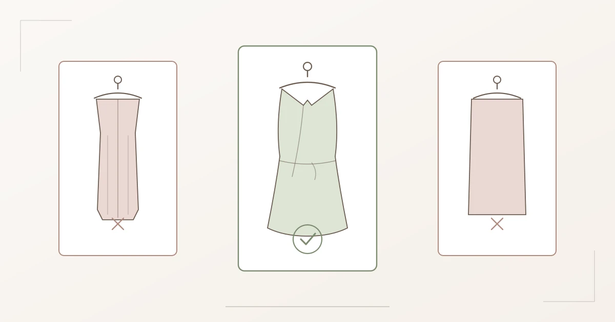 Drei Kleidsilhouetten im Vergleich: zu eng anliegend, das ideale fließende Wickelkleid mit sanfter Taillierung, und zu kastenförmig