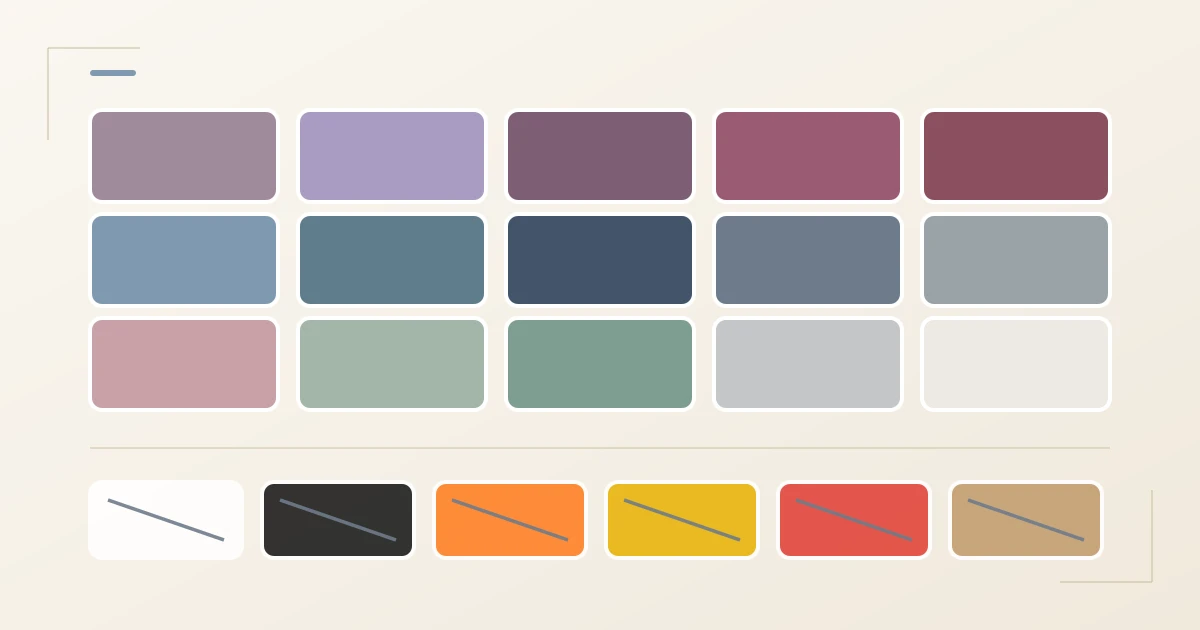 Soft Summer colour palette: 15 cool, muted shades in three rows — mauve, muted lavender, cool plum, muted berry, burgundy, smoky blue, sea blue, muted navy, slate grey, dove grey, cool dusty rose, cool sage, jade, pearl grey and cool cream. Below, six crossed-out shades to avoid: pure white, black, orange, golden yellow, tomato red and camel
