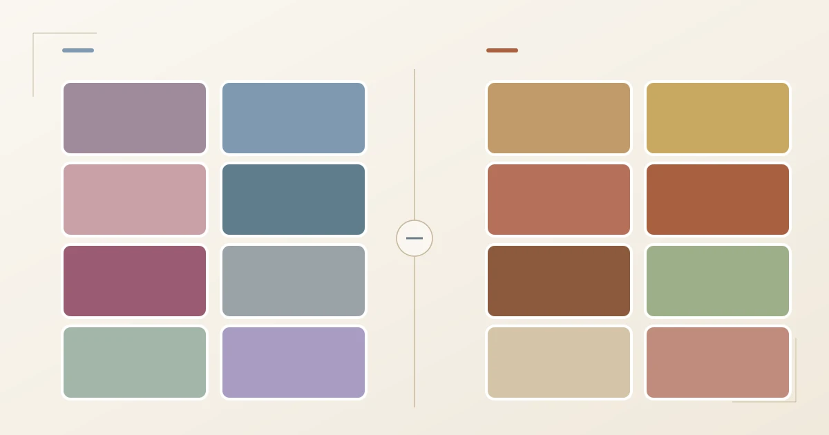 Palette comparison: on the left eight cool, muted Soft Summer shades in mauve, smoky blue, cool dusty rose, sea blue, muted berry, dove grey, cool sage and lavender — on the right eight warm, muted Soft Autumn shades in camel, mustard gold, rust, mahogany, chocolate brown, sage green, beige and warm dusty rose