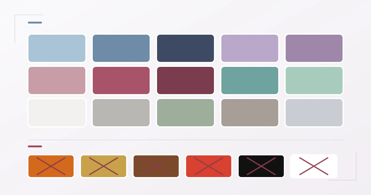 Sommertyp Farbpalette: 15 kühle Farben (gedämpftes Blau, Marine, Lavendel, Mauve, Altrosa, kühles Beere, Bordeaux, Petrol, Mint, kühle Neutrals) als Ja-Farben, darunter 6 durchgestrichene Warmfarben (Orange, Senf, Braun, Rostrot, Schwarz, Weiß) als Nein-Farben
