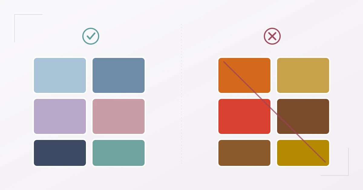 Sommertyp Unterton-Vergleich: links kühle Farben (Puderblau, Lavendel, Altrosa, Petrol) mit Häkchen, die schmeicheln; rechts warme Farben (Orange, Senf, Rostrot, Braun) durchgestrichen, die den Teint fahl wirken lassen