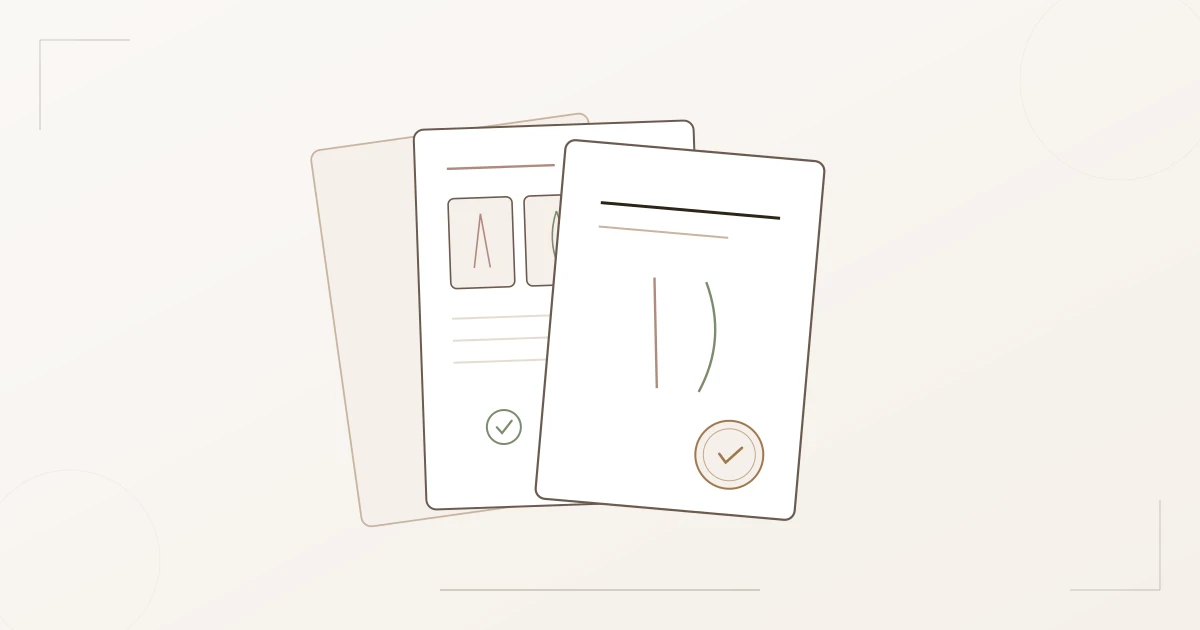 Illustration of the personal style dossier: fanned-out PDF pages with silhouette recommendations, do's and don'ts, and a certification seal