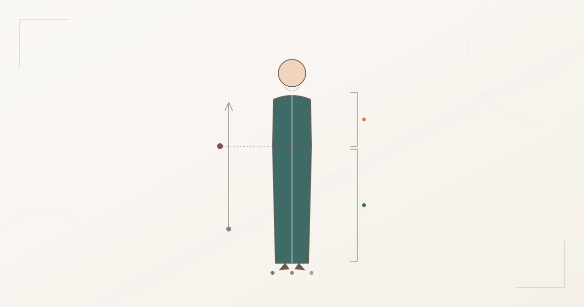 Proportions-Diagramm einer kleinen Figur: hoch angesetzte Taille verlängert die Beine, durchgehende vertikale Linie und das Verhältnis von kurzem Oberkörper zu langem Unterkörper