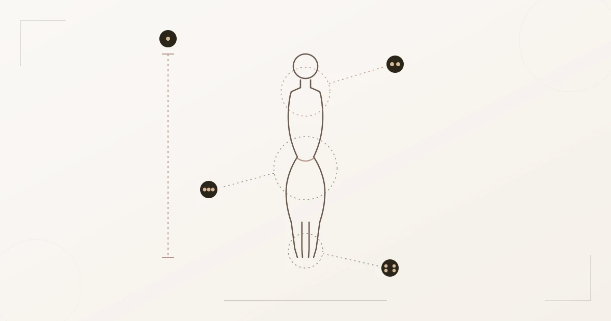 Diagramm der Theatrical-Romantic-Linienanatomie: kurze Vertikale, zarte leicht scharfe Schultern, volle Sanduhr-Kurve, kleine zierliche Fesseln und Füße
