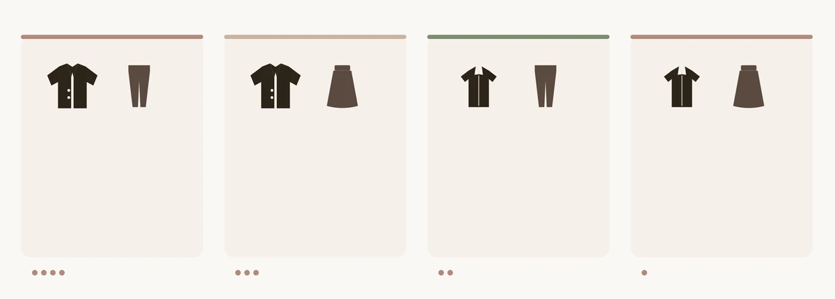 Vier Interview-Outfit-Formalitätsstufen nach Branche als Symbole: voller Blazer-Anzug für konservative Branchen, Blazer mit Rock für Unternehmen, Bluse mit Hose für kreative Branchen, gepflegter Business-Casual-Look
