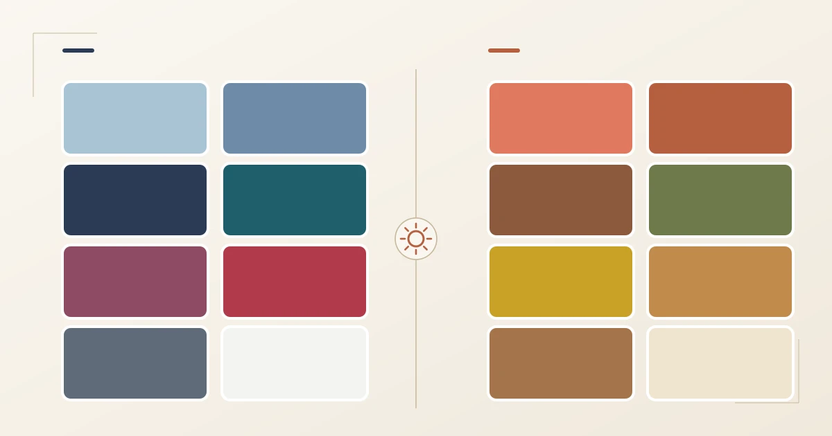 Farbvergleich für Bademode: links kühle Töne wie Marineblau, Beere, Petrol und Eisblau, rechts warme Töne wie Terrakotta, Olivgrün, Senf und warmes Creme, getrennt durch eine Linie
