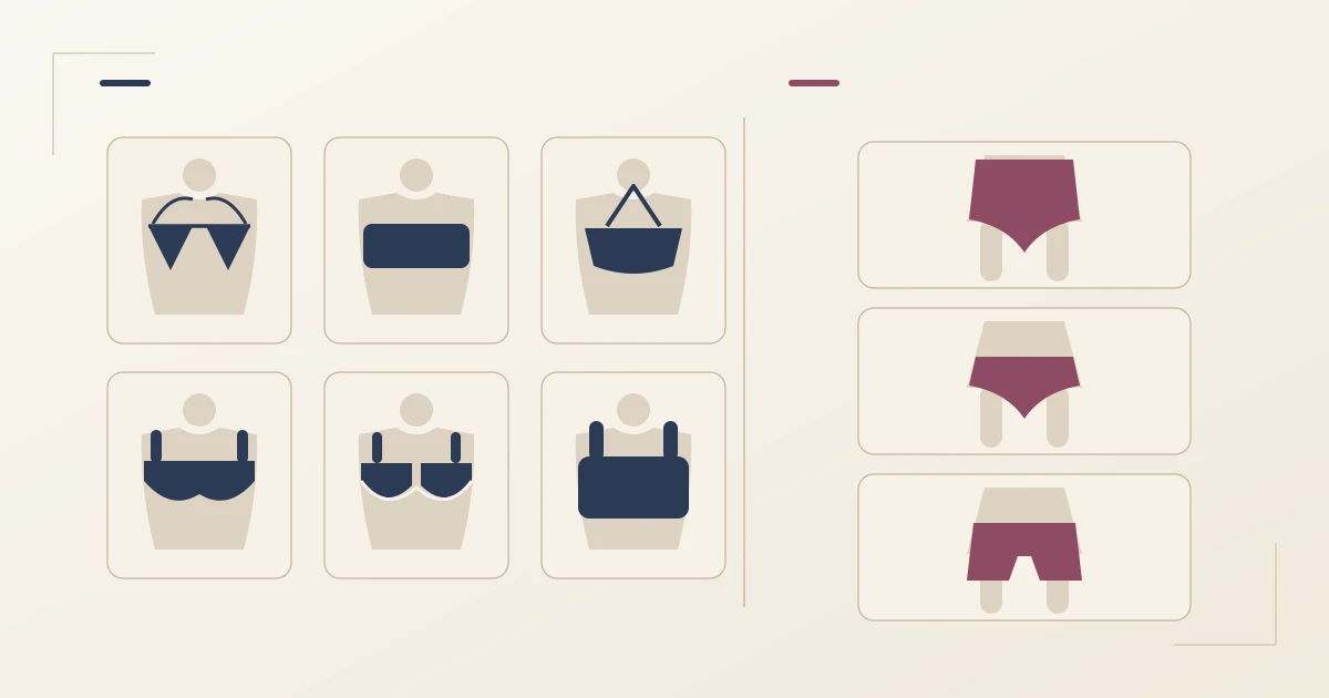 Übersicht der Bademode-Formen als Schema: Triangel, Bandeau, Neckholder, Balconette, Bügel und Bustier als Oberteile sowie High-Waist, Hipster und Shorty als Höschen, jeweils als einfache Umrisszeichnung