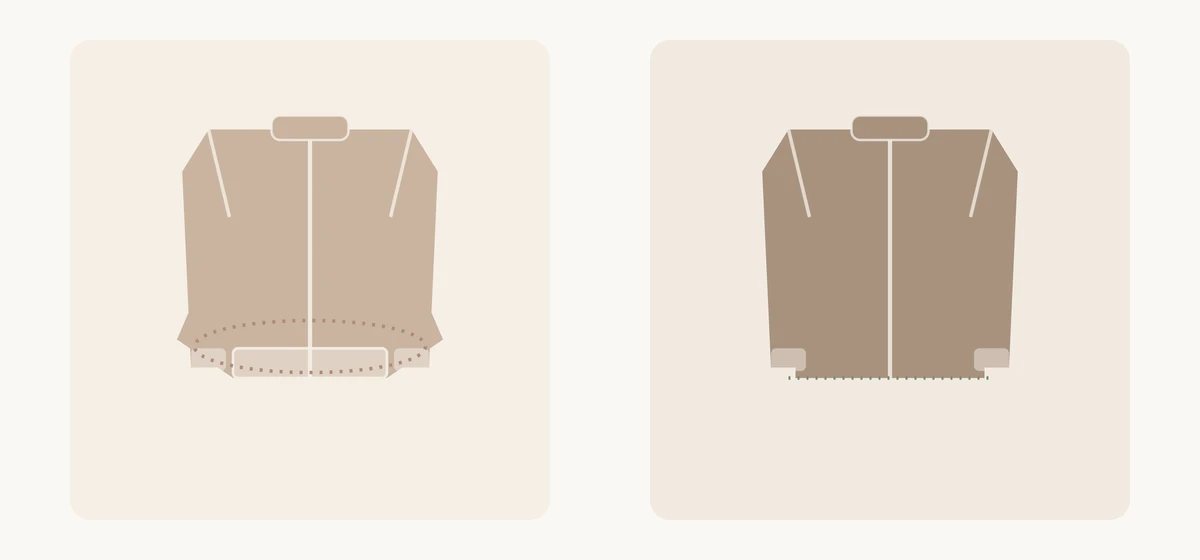 Two short jackets compared: on the left a jacket with an elastic ribbed hem where the fullness visibly gathers above it, marked with a dashed ellipse, on the right a jacket with a straight hem falling smoothly
