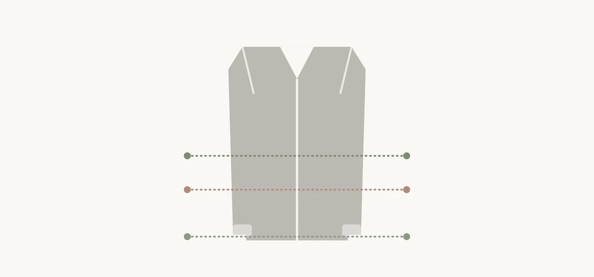 Outline of a short jacket with three horizontal marker lines for the possible hem lengths: at the waist, at the high hip and well below the hip